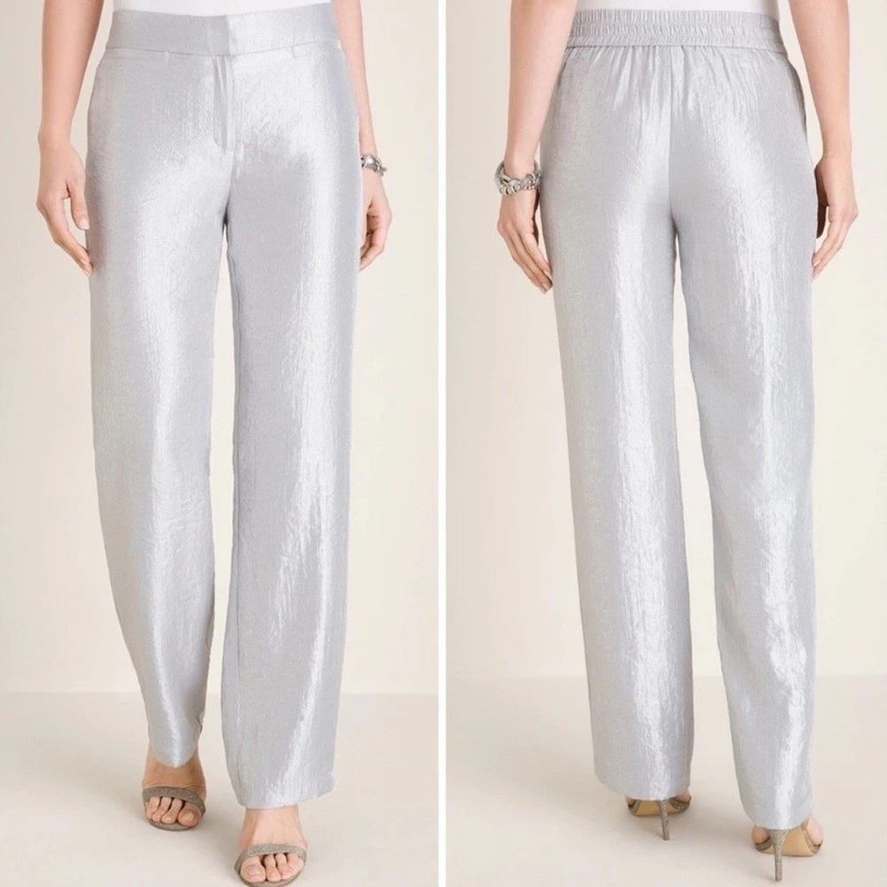 Chicos‎ Travelers Womens Metallic Sheen Welt-Pocket Pants Size US 16 Silver